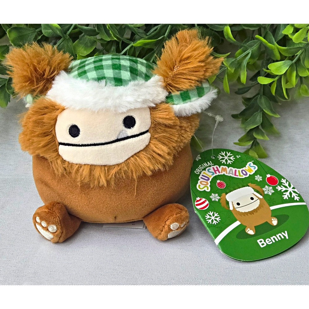 Squishmallows Benny the Bigfoot 7.5" Green Gingham Trapper Hat Winter 2023 NWT